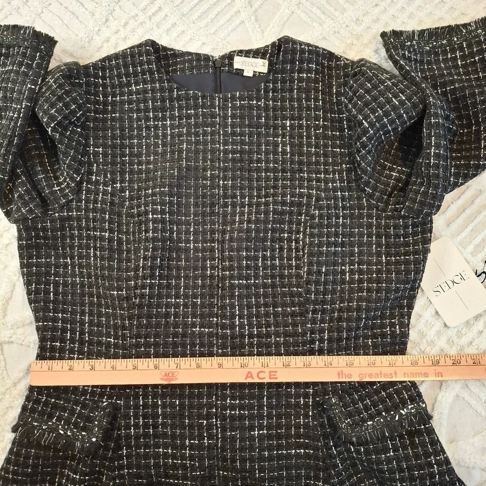 S'edge Womens Size Large Black White Tweed‎ Puff Sleeve Mini Dress NWT